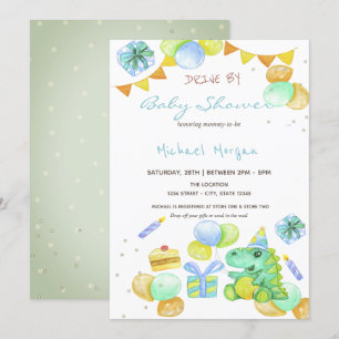 Akvarelldinosaurier kör förbi baby shower inbjudningar