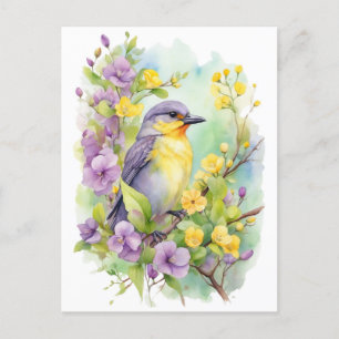 Akvarellfågel med violetta och gula blommor vykort