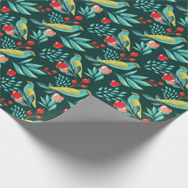 Akvarellfåglar, Cranberry & grönskajul Presentpapper (Hörn)