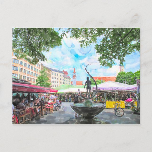 Akvarellfärg av München Viktualienmarkt. Vykort (Framsida)