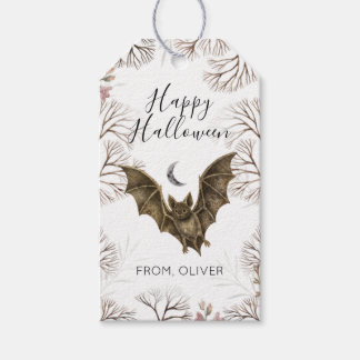Akvarellfladdermus botaniska glada Halloween prese Presentetikett