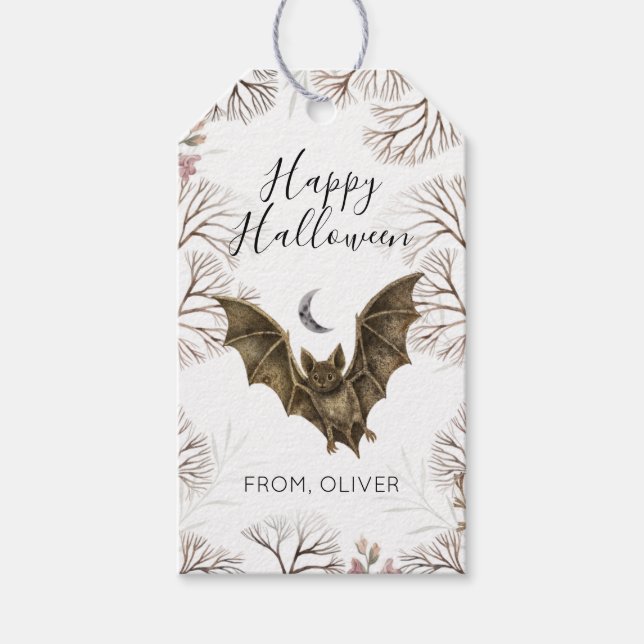 Akvarellfladdermus botaniska glada Halloween prese Presentetikett (Framsidan)