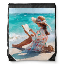 AKVARELLFlicka på stranden som läser en bok