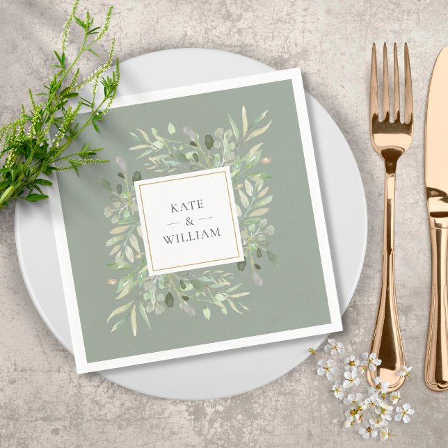 Akvarellgrönska blad Sagegrön Pappersservett (Skapare uppladdad)