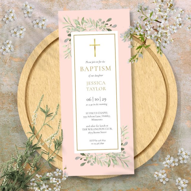 Akvarellgrönska Dop Blush Rosa Inbjudningar (Watercolor Greenery Baptism Christening Blush Pink Invitation)