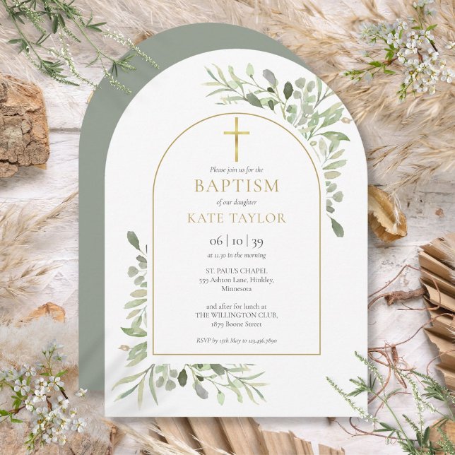 Akvarellgrönska Dop Kristning Guld Båge Inbjudningar (Watercolor Greenery Baptism Christening Gold Arch Invitation)