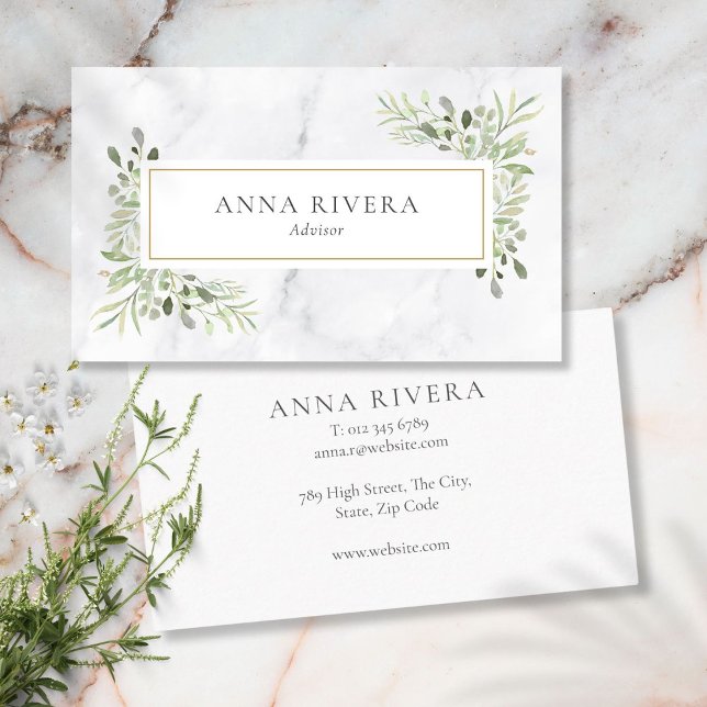 Akvarellgrönska Guld Geometrisk Vit Marmor Visitkort (Watercolor Greenery Gold Geometric White Marble Business Card)