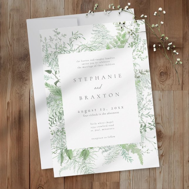 Akvarellgrönska Ormbunke Rustik Bröllopsinbjudan Inbjudningar (Watercolor Greenery Fern Rustic Wedding Invitation)