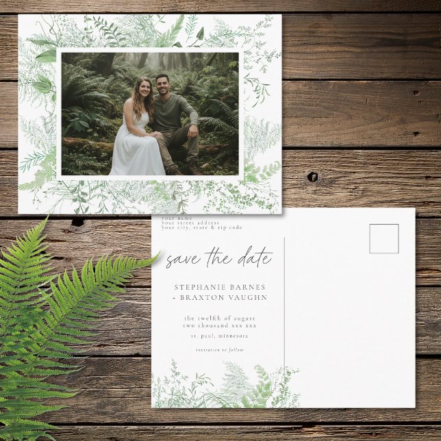 Akvarellgrönska Ormbunke Rustik Spara Datum Foto Vykort (Watercolor Greenery Fern Rustic Save Date Photo Postcard)