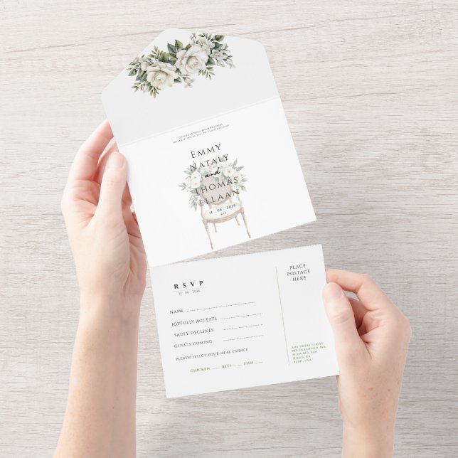 Akvarellgrönska vita rosor Bröllop RSVP-kort  (Avrivbar del)