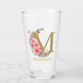 Akvarellguld och blommonogram bokstaven M Glaskopp