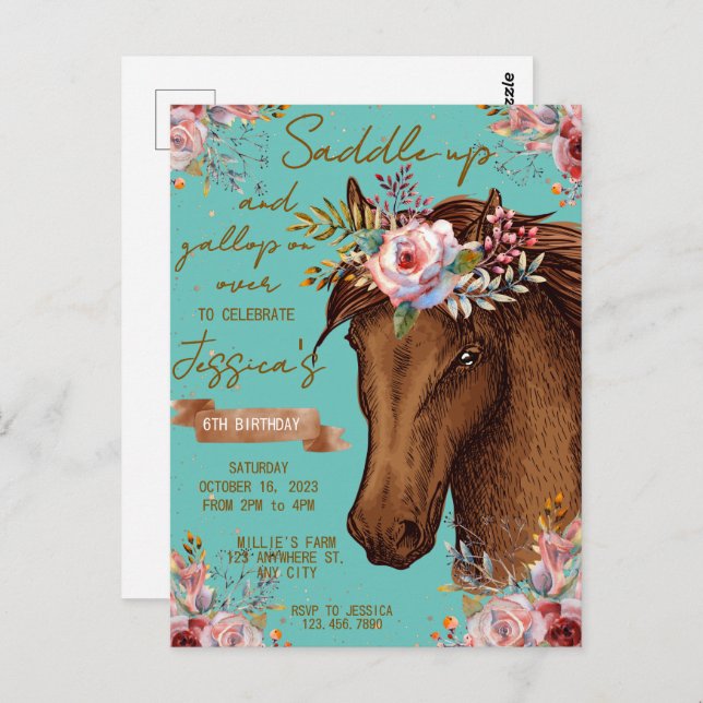 Akvarellhäst födelsedagshäst fest vykort (Fram/baksida)