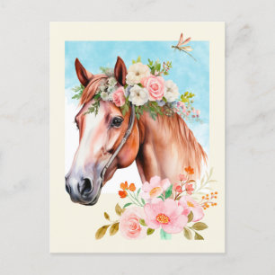 Akvarellhäst och blommor vykort