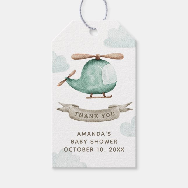 Akvarellhelikopter | Pojke Babyshower Tackkort Presentetikett (Framsidan)