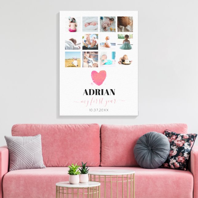 Akvarellhjärta Babys Första År Foto Collage Canvastryck (Insitu (Vardagsrum))