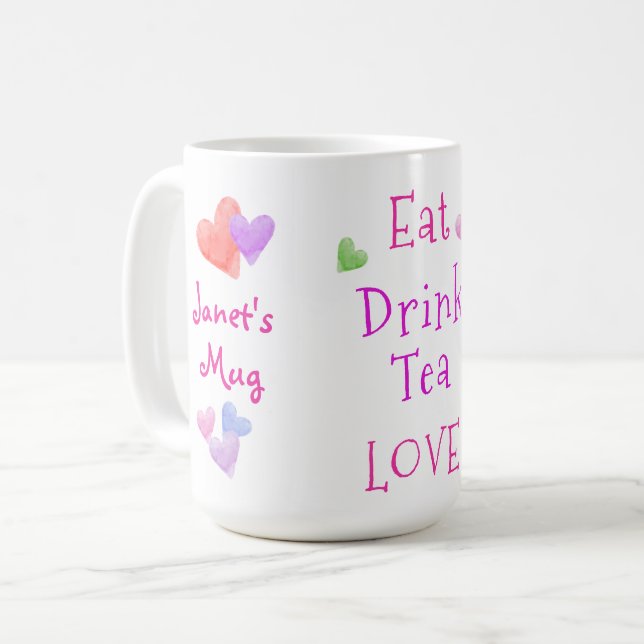 Akvarellhjärtan ÄT Drick Te LJUVAR Kaffemugg (Framsida vänster)