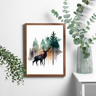 Akvarellhjort i skogsträd natur  poster
