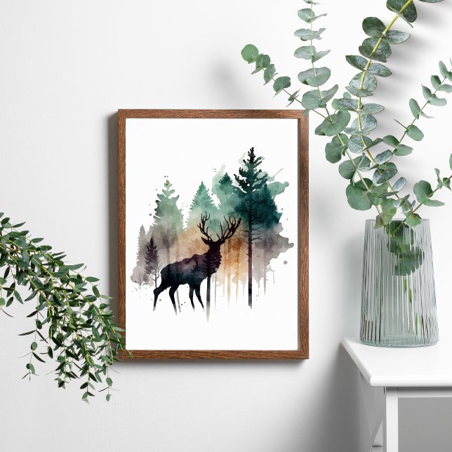 Akvarellhjort i skogsträd natur  poster (Skapare uppladdad)