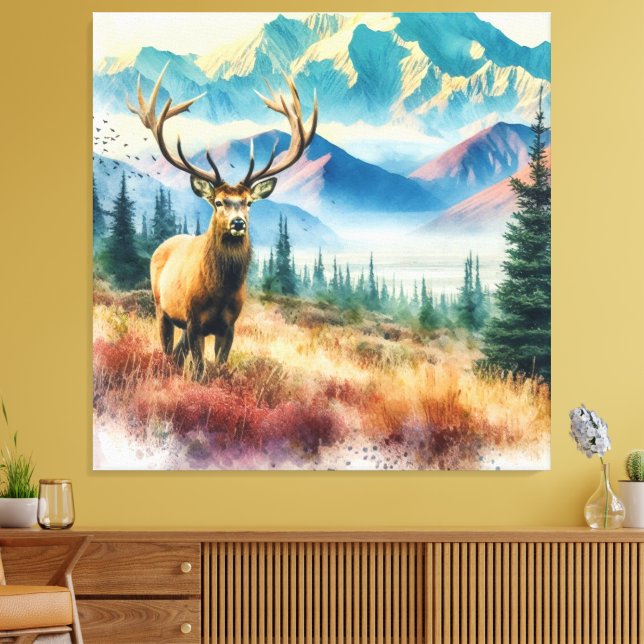 Akvarellhjort med horn  canvastryck (Insitu (Vardagsrum))