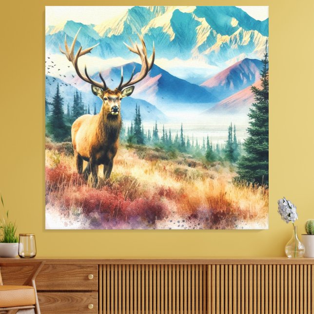Akvarellhjort med horn  canvastryck (Insitu (Vardagsrum))