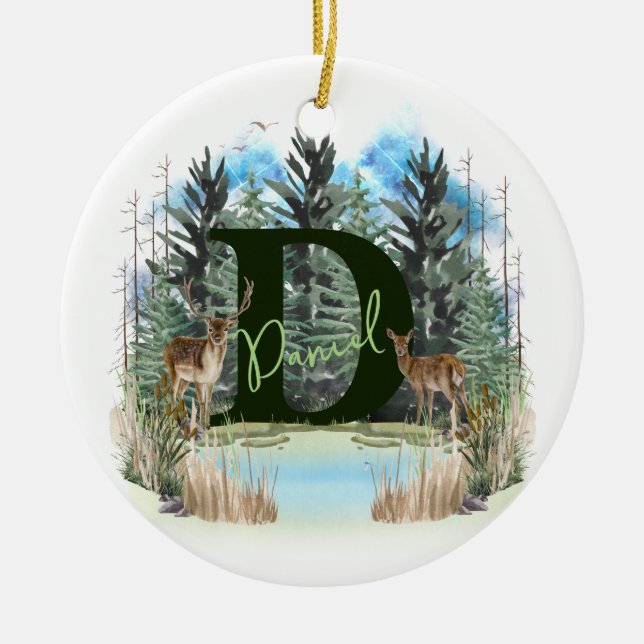 Akvarellhjort Personlig Monogram Bokstav D Julgransprydnad Keramik (Framsidan)