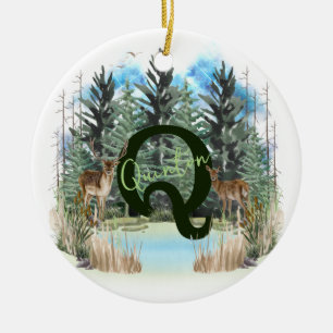 Akvarellhjort Personlig Monogram Bokstav Q Julgransprydnad Keramik