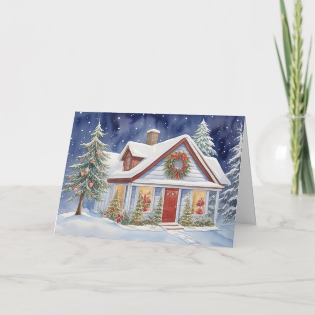 Akvarellhus Vinter Snö Jul Helgkort (Framsida)