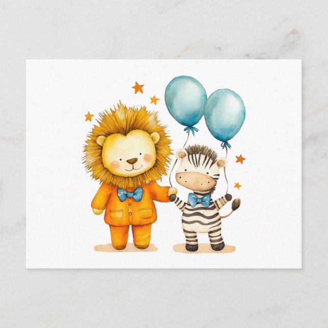 Akvarellillustration av lejon och zebra med ballon vykort (Framsida)