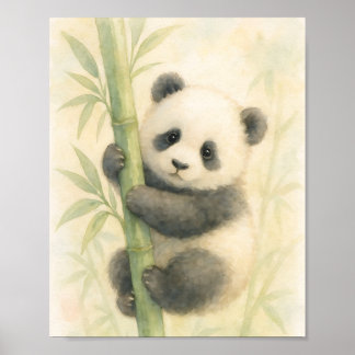Akvarellillustration av pandabjörnunge på bambusko poster