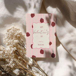Akvarelljordgubbar på rosa rutnät - Alla hjärtans Julkort