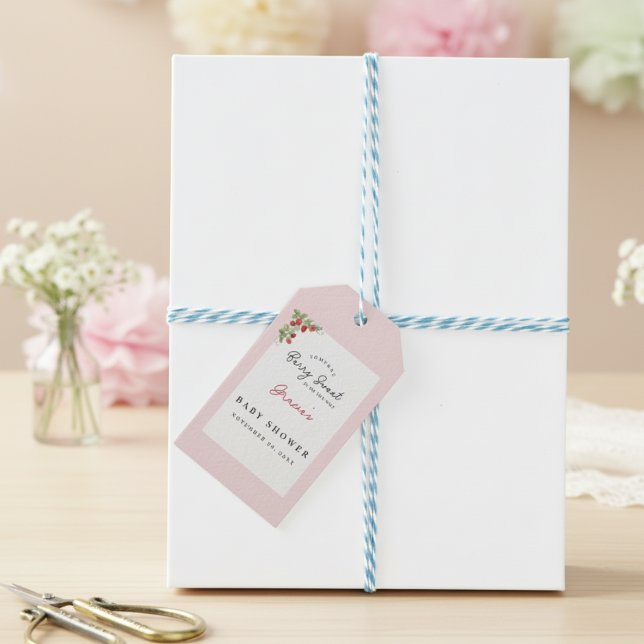 Akvarelljordgubbar Whimsical Bebis Shower Presentetikett (Berry Sweet Baby Shower Gift Tag)