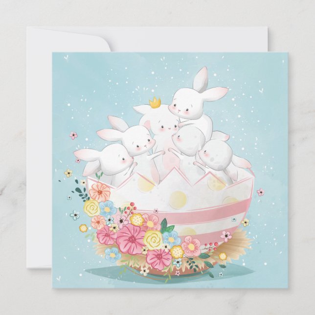 Akvarellkaniner i påskägg med blommor (Framsida)