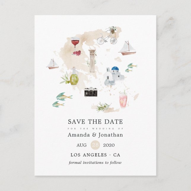 Akvarellkarta över Grekland Destination Bröllop Meddelande Vykort (Framsida)