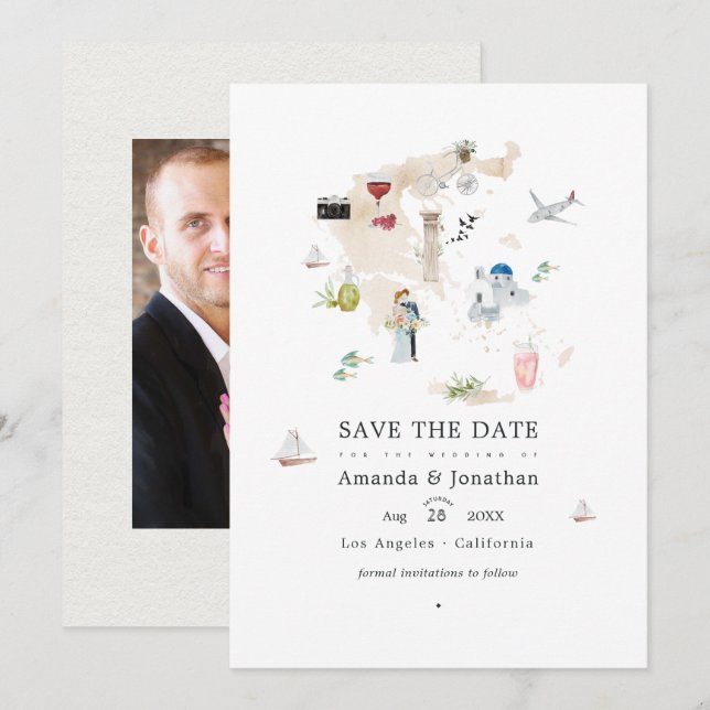 Akvarellkarta över Greklands bröllopsfoto Spara Datumet (Fram/baksida)