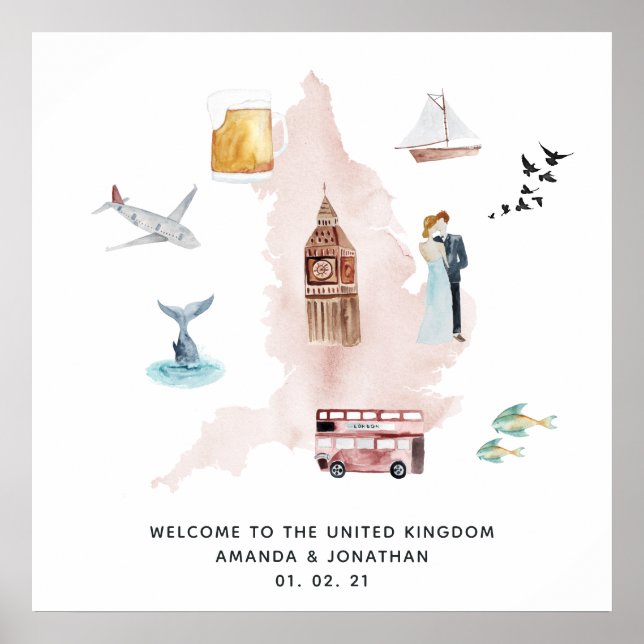 Akvarellkarta över Storbritannien Destination Bröl Poster (Framsidan)