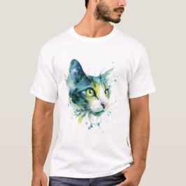 Akvarellkatt ansikte i teal abstrakt konstaffisch. t shirt