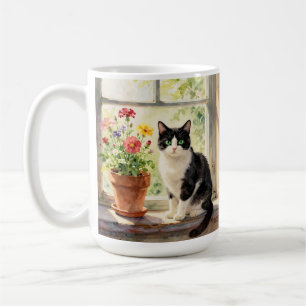 Akvarellkatt, blommor och dikt kaffemugg