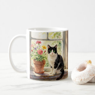 Akvarellkatt, blommor och dikt kaffemugg