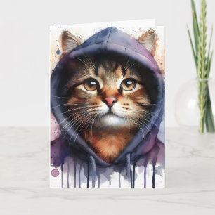 Akvarellkatt i blå lila hoodie stänkduk kort