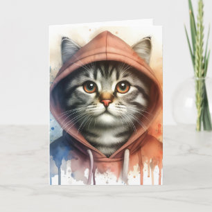 Akvarellkatt i färgglada hoodie Splash Art Tomt Kort