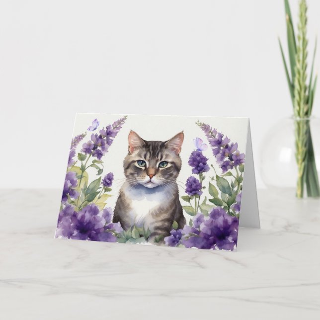 Akvarellkatt med lavendelblommor  kort (Framsida)