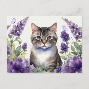 Akvarellkatt med lavendelblommor vykort