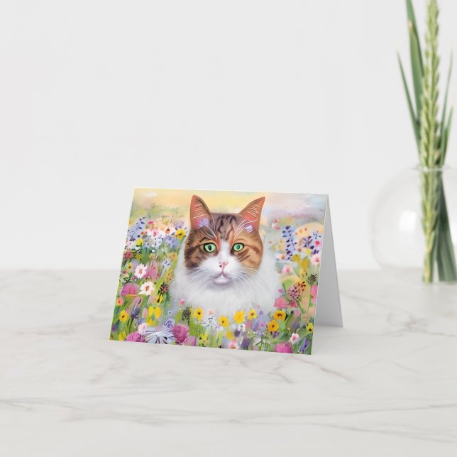 Akvarellkatt och vilda blommor anpassningsbar kort (Framsida)
