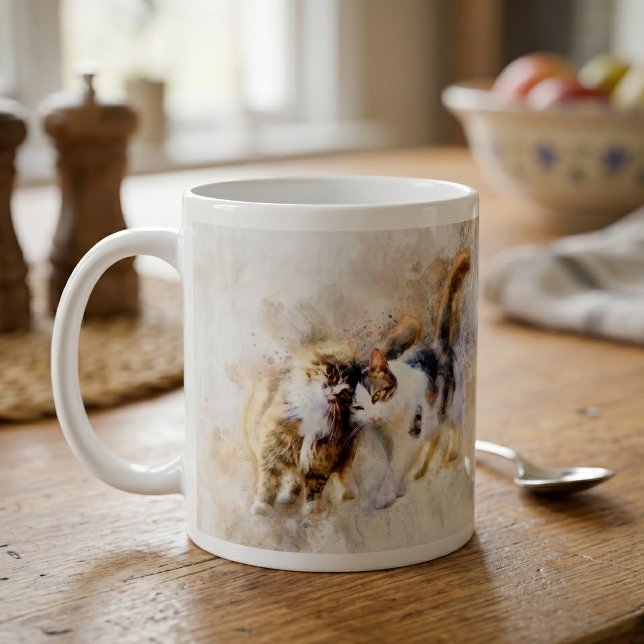 Akvarellkatter som nosar i mjuk abstrakt konst kaffemugg (Watercolor Cats Nuzzling in Soft Abstract Art. Coffee Mug)