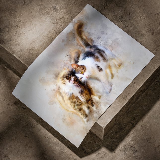 Akvarellkatter som nosar i mjuk abstrakt konst poster (Watercolor Cats Nuzzling in Soft Abstract Art. Poster)