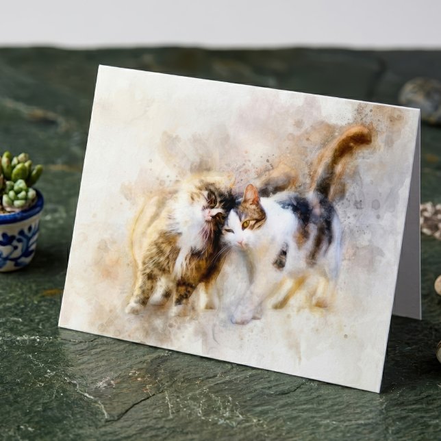 Akvarellkatter som nosar i mjuk abstrakt konst tack kort (Watercolor Cats Nuzzling in Soft Abstract Art. Thank You Card)