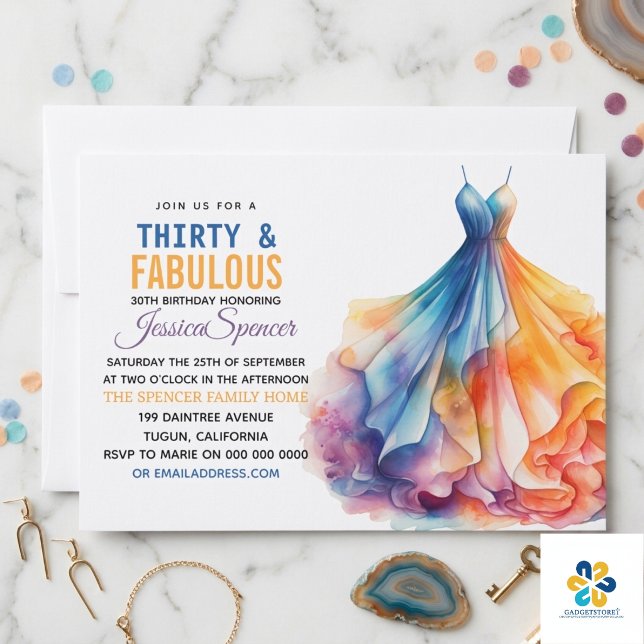Akvarellklänning 30-års födelsedag Elegant & Femin Inbjudningar (Watercolor Dress 30th Birthday Elegant & Feminine Invitation)