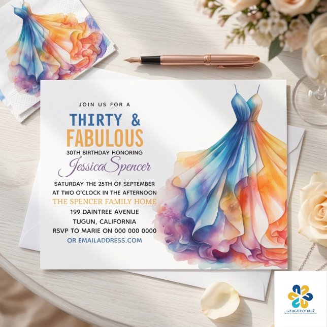 Akvarellklänning 30-års födelsedag Elegant & Femin Inbjudningar (Watercolor Dress 30th Birthday Elegant & Feminine Invitation)