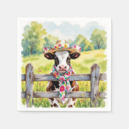 Akvarellko som bär en sommarhatt pappersservett