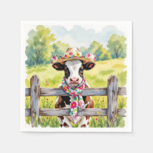 Akvarellko som bär en sommarhatt pappersservett